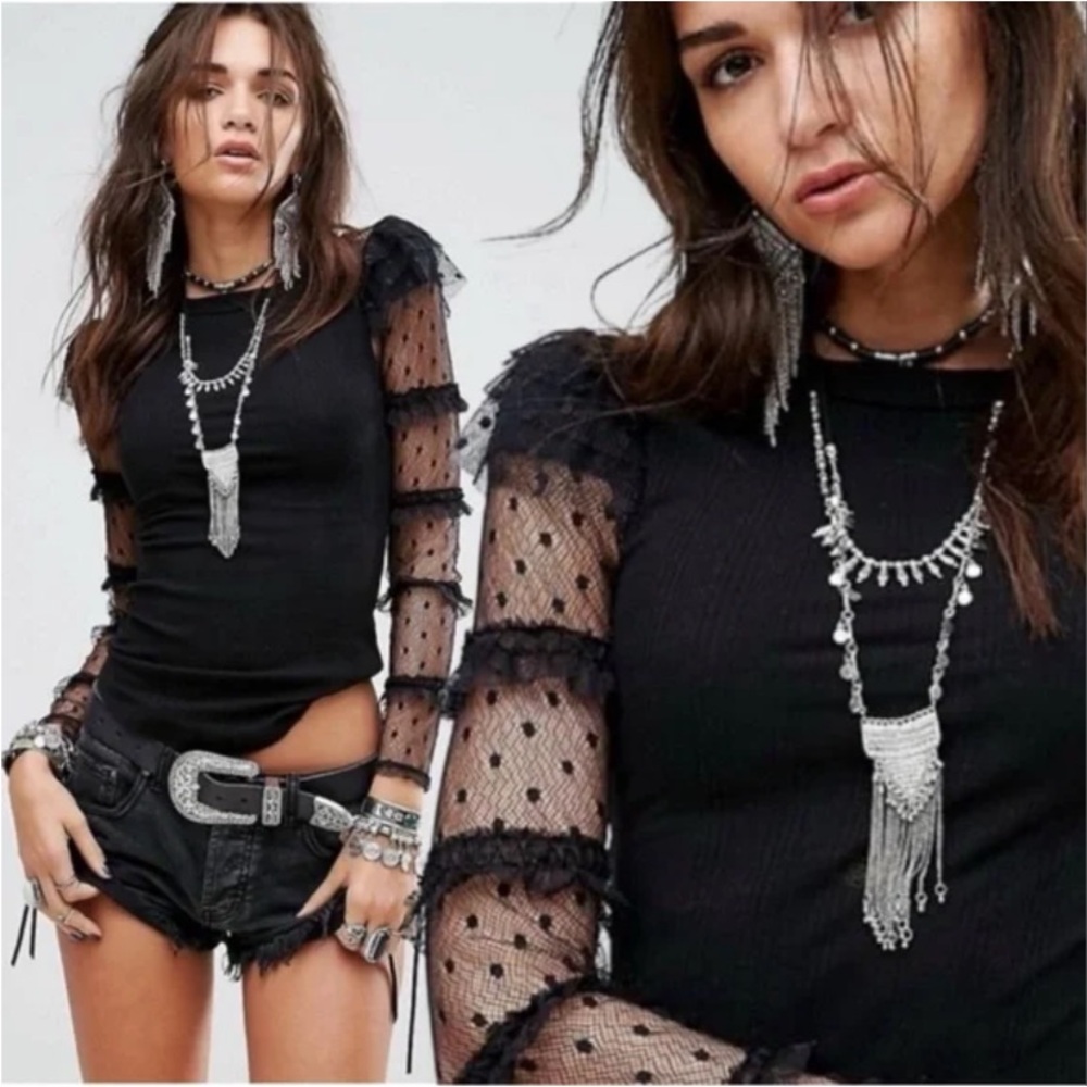 Free People Kiss Kiss Mesh Lace Sleeve Black Long Sleeve Top Size XS